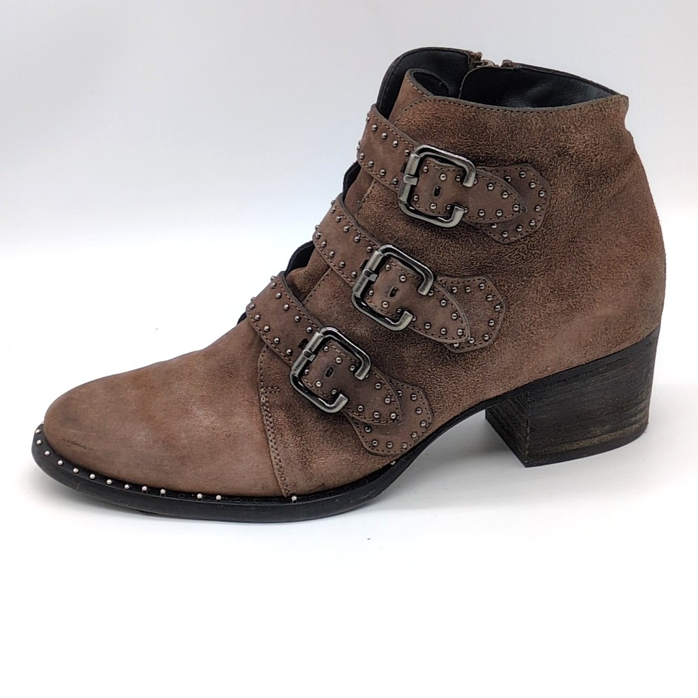 Paul Green Shoes Womens Soho Moto Brown 6.5 Ankle Boot Suede Studs Buckle Strap